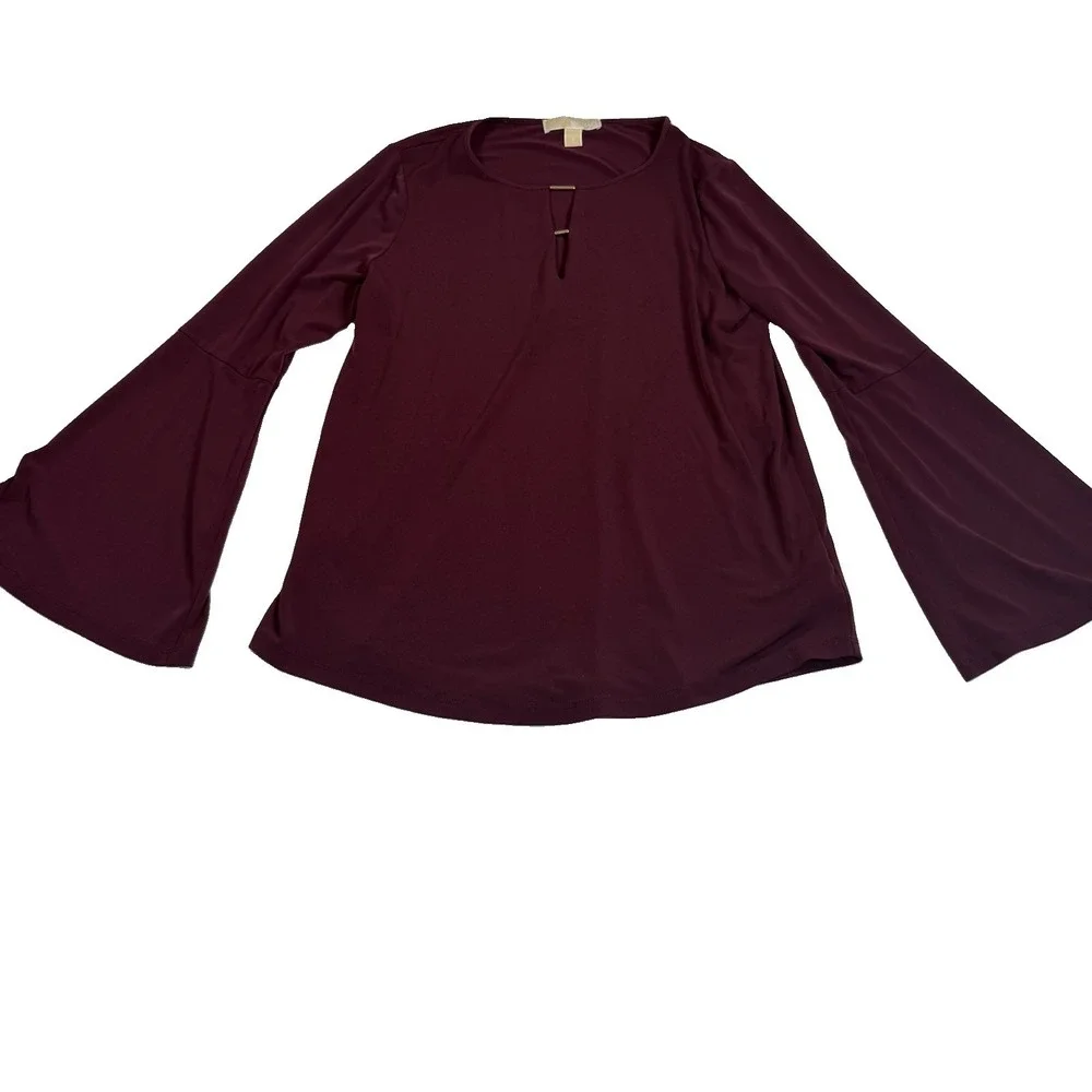 Michael Kors Blouse Women S Burgundy Excellent Bell Sleeve Keyhole Gold Hardware